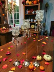 vintage gold kristal taşlı dekoratif mumluk seti 3'lü & 90 cm