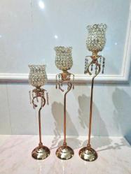 vintage gold kristal taşlı dekoratif mumluk seti 3'lü & 90 cm