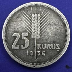 Türkiye Gümüş 25 Kuruş, 1936. Ata Kuruş. 830 Ayar 3 gr