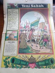 Yeni Sabah İstanbul Fethi 500. Yıl Gazetesi - Turkish Newspaper - 29 Mayıs 1953 - tam sayfa renkli Fatih Sultan Mehmet çizimi - İstanbul nasıl fethedildi yazan Kadircan Kaflı - Fatih Sultan Mehmet'in kılıcı fotoğraf - Fatih'in meşhur toplarından biri fotoğraf - 500. Yılda yazan İstanbul Valisi Fahrettin Kerim Gökay - Fatih'in babası 2. Sultan Murat yazan profesör Süheyl Ünver - Fatih devrinin en büyük alimi Akşemsettin - bir tepeden şiiri yazan Yahya Kemal Beyatlı - Fatih'in kurduğu Enderun-u Hümayun mektebi yazan İsmail Hakkı Baykal - Fatih ve adalet yazan Profesör Doktor Süheyl Ünver - Fatih devrinde Türk mimarisi yazan Yüksek mühendis Ekrem Hakkı Ayverdi - Fatih devri mimarisi Topkapı sarayı'ndaki kütüphane fotoğraf - Bellini ve Fatih yazan Cemal Tollu - Sultan Fatih'in Kaftanı fotoğraf - Fatih'in şiir dünyası Yazan Nazım Kemal - İstanbul fethinde yeniçerik ortalarına gazel yazan Yahya Kemal Beyatlı - Fatih Sultan Mehmet'in üstü ayetli kılıcı fotoğraf - Merkad-ı Fatih'i ziyaret