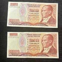 7.Emisyon 1.Tertip 20.000 Lira E37 Serisi 2 Adet ÇiL Seri Takipli