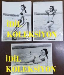 YEŞİLÇAM OYUNCUSU NİLÜFER AYDAN'IN ORİJİNAL BÜYÜK BOY 3'LÜ FOTOĞRAF SETİ - 24 x 18 cm EBADINDA - NİLÜFER AYDAN, BİKİNİLİ OLARAK DENİZ KENARINDA ÇEŞİTLİ POZLAR VERİRKEN ÇEKİLMİŞ 3 FARKLI KARE