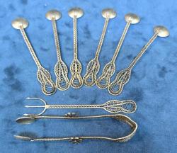 10 cm Boyunda Sapı Telkari Turistik Osmanlı Çay Kaşığı Seti, Şeker Maşası ve Limon Çatalı, Gümüş Değildir