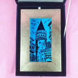 EL YAPIMI GECE KARANLIĞINDA GALATA KULESİ ÇİNİ RESİM , MAVİ RENKLİ KADİFE KUTUSUNDA