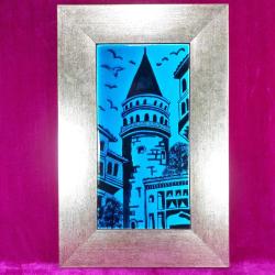 EL YAPIMI GECE KARANLIĞINDA GALATA KULESİ ÇİNİ RESİM , MAVİ RENKLİ KADİFE KUTUSUNDA