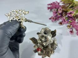 Pirinç Sürmedan - Eski Sürmelik - Makyaj Kutusu - Sürme Şişesi - Çiçekli Sürmedan - Gümüş Renkli - 44 - BÜYÜK BOY