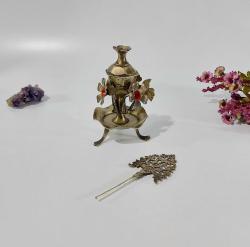 Pirinç Sürmedan - Eski Sürmelik - Makyaj Kutusu - Sürme Şişesi - Çiçekli Sürmedan - Gümüş Renkli - S4 - BÜYÜK BOY