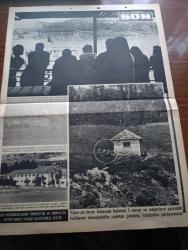 Son Aktüalite Gazetesi - Turkish Newspaper - 30 Haziran 1966 - Türk basınında İlk defa Son yayınlıyor İmralı'da 3 mezar - solda Adnan Menderes'in ortada Fatin Rüştü Zorlu'nun sağda da Hasan polatkan'ın mezarları görülüyor - Mahkumlar Adası İmralı harita - İstiklal Savaşı'ndan sonra Rumların kaçması ile boş kalan İmralı Adası mahkumlar Adası haline getirilmiştir - İmralı adası'ndaki cezaevi tesislerinden bir kısmı yukarıdaki fotoğrafta görülüyor - İmralı Adası tamamen cezaevine aittir - yılın foto romanı Caniler Kralı Killing hazine peşinde - Emine bacıya göre yarınki falınız - eğlence köşesi - transistörlü cihazlarınızdan altın ses almak için Berec altın seri - Afrika'da kadın sattım anlatan Deniz Yıldırımok yazan Gökşin Sipahioğlu Yazı Dizisi - aşkımı çalamazsın foto roman - atasözü yarışması - Marakaz vapuru mudanya'ya giderken her perşembe günü imralı adası'na uğrar fotoğraf - vapur İmralı'ya yaklaşırken genellikle yolcular küpeşteden fotoğrafta daire içine alınmış mezarı seyreder