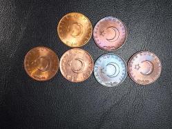 1969-70-71-72-73-74 YILLARINA AİT 6 ADET  MADENİ 10 KURUŞ  ( BAKIR )  ÇİL TCM 5211