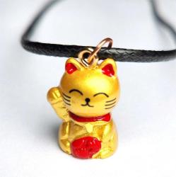Maneki neko Kedisi Mini Şans Bereket Kedisi Kolye Japon Kedi Feng Shui 50cm Deri İp