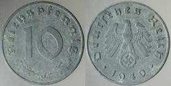 ALMANYA 10 PFENNİG 1940 J. İKİNCİ DÜNYA SAVAŞI NAZİ-HİTLER DÖNEMİ. GAMALI HAÇ. ÇİNKO.