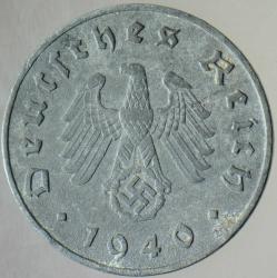 ALMANYA 10 PFENNİG 1940 J. İKİNCİ DÜNYA SAVAŞI NAZİ-HİTLER DÖNEMİ. GAMALI HAÇ. ÇİNKO.