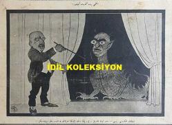 Osmanlıca Akbaba Mizah Dergisi-Gazetesi, Orijinal Dönem Basım, (Ottoman Magazine-Newspaper) - 19 Temmuz 1926 - Sayı: 378 - Karikatürist Ramiz Gökçe'nin İstiklal Mahkemeleri Yargılamalarına Dair Mahkeme Başkanı Ali Çetinkaya'yı Tasvir Eden Çalışması: İkinci Perde Ankara'da Açılıyor: 
