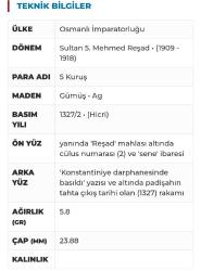 Osmanlı Son Dönem Sultan V.Mehmet Reşat Dönemi Gümüş 5 Kuruş..