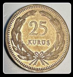 1956 25 KURUŞ (TCM25T) KM#886 ÇİL (T.C TERS)