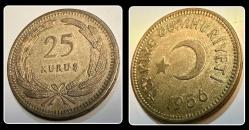 1956 25 KURUŞ (TCM25T) KM#886 ÇİL (T.C TERS)