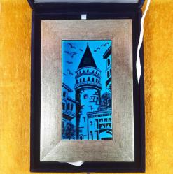 EL YAPIMI GECE KARANLIĞINDA GALATA KULESİ ÇİNİ RESİM , MAVİ RENKLİ KADİFE KUTUSUNDA