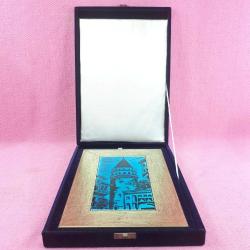 EL YAPIMI GECE KARANLIĞINDA GALATA KULESİ ÇİNİ RESİM , MAVİ RENKLİ KADİFE KUTUSUNDA