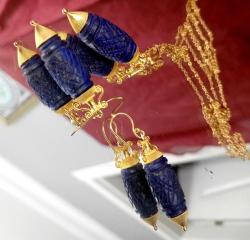 GÜMÜŞ ÜZERİ ALTIN KAPLAMA LAPİS LAZULİ TAŞLI KÜPE KOLYE TAKIM  DİKKAT...ZİNCİR GÜMÜŞ DEĞİLDİR