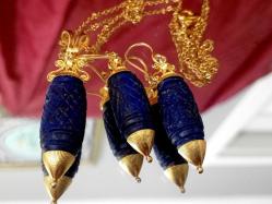 GÜMÜŞ ÜZERİ ALTIN KAPLAMA LAPİS LAZULİ TAŞLI KÜPE KOLYE TAKIM  DİKKAT...ZİNCİR GÜMÜŞ DEĞİLDİR