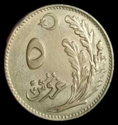 1341 (1925)Osmanlı Dönemi son baskılardan 5 Kuruş 4gr Bronz