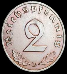 Almanya 1937 D Adolf Hitler Dönemi 2 Reichspfenig Çil 3.30gr