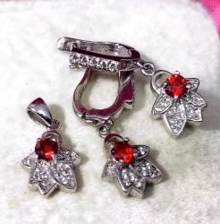 LAL TAŞLI GÜMÜŞ KÜPE KOLYE UCU TAKIM