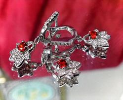 LAL TAŞLI GÜMÜŞ KÜPE KOLYE UCU TAKIM