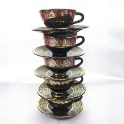 VINTAGE EL İŞİ ALTIN YALDIZ DEKORLU SİYAH RENKLİ 5 ADET SERAMİK KAHVE FİNCANLARI