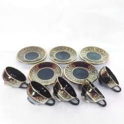 VINTAGE EL İŞİ ALTIN YALDIZ DEKORLU SİYAH RENKLİ 5 ADET SERAMİK KAHVE FİNCANLARI