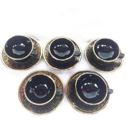 VINTAGE EL İŞİ ALTIN YALDIZ DEKORLU SİYAH RENKLİ 5 ADET SERAMİK KAHVE FİNCANLARI