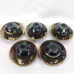 VINTAGE EL İŞİ ALTIN YALDIZ DEKORLU SİYAH RENKLİ 5 ADET SERAMİK KAHVE FİNCANLARI