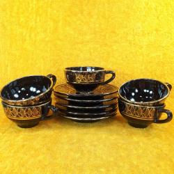 VINTAGE EL İŞİ ALTIN YALDIZ DEKORLU SİYAH RENKLİ 5 ADET SERAMİK KAHVE FİNCANLARI