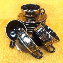 VINTAGE EL İŞİ ALTIN YALDIZ DEKORLU SİYAH RENKLİ 5 ADET SERAMİK KAHVE FİNCANLARI