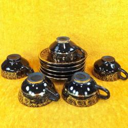 VINTAGE EL İŞİ ALTIN YALDIZ DEKORLU SİYAH RENKLİ 5 ADET SERAMİK KAHVE FİNCANLARI