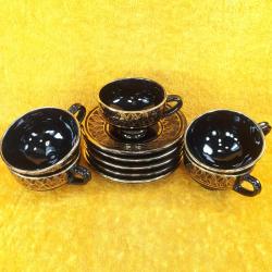 VINTAGE EL İŞİ ALTIN YALDIZ DEKORLU SİYAH RENKLİ 5 ADET SERAMİK KAHVE FİNCANLARI