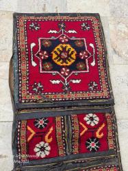 Antika El Dokuma Hakiki Deri Saraçlı Yün Halı Heybe 50X135 cm