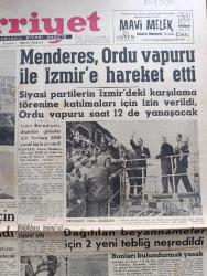 Hürriyet Gazetesi - Turkish Newspaper - 15 Mayıs 1960 - Adnan Menderes Ordu vapuru ile İzmir'e hareket etti fotoğraf - dağıtılan beyannameler için 2 yeni tebliğ neşredildi - Ankara'da 3 sinema bugün tatil edildi - troleybüs hattı için çalışmalara başlandı fotoğraf - İstanbul'da yeni trafik tedbirleri alındı - hınıs'ta bulunan mağara için hayaller boş çıktı fotoğraf - Cannes'da Striptiz fotoğraf - Fen fakültesi ile Beyazıt belediye kütüphanesi arasındaki Ada istimlak edilecek fotoğraf - İstanbul'da sinema tiyatro programı - İstanbul Ankara Radyosu Programı - çırağan tesisleri inşaatı yaz sonunda başlayacak - mektupla terzilik - Kruşçef Paris'te - Türkiye emlak Kredi Bankası - Paşabahçe Laleli satış mağazası açıldı - vatan mesulleri hakkında yeni bir mahkumiyet - dünya ordulararası futbol şampiyonasını finalleri bugün Cezayir'in oran şehrinde başlıyor fotoğraf - Türkiye Yunanistan Ordu futbol takımları bugün 18'de karşılaşıyor - Bursa'daki milli Lig maçında Fenerbahçe 0 Göztepe 0 foto