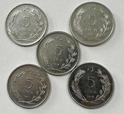 1974-1975-1976-1977-1979 TC 5 lira 5 adet madeni para ÇilAltı