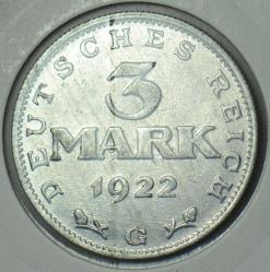 ALMANYA 3 MARK 1922 G. SİRKÜLASYON HATIRA-WEİMAR ANAYASASININ 3. YILI. ALÜMİNYUM 28 mm LEUCHTTURM KAPAMADA ÇİLALTI+