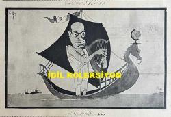 Osmanlıca Akbaba Mizah Dergisi-Gazetesi, Orijinal Dönem Basım, (Ottoman Magazine-Newspaper) - 12 Nisan 1926 - Sayı: 350 - Karikatürist Ramiz Gökçe'nin Benito Mussolini'yi Tasvir Eden Çalışması: Telgraflar: Mussolini Afrika Seyahatine Çıktı... 