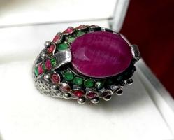 YAKUT ZÜMRÜT VE MARKAZİT TAŞLI GÜMÜŞ YÜZÜK  ÖLÇÜ 17