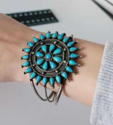 Antika Sterling 925 Gümüş Mavi Cam Taşlı Cuff Bilezik