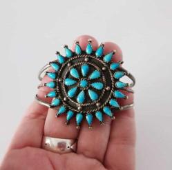 Antika Sterling 925 Gümüş Mavi Cam Taşlı Cuff Bilezik