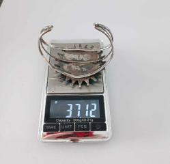 Antika Sterling 925 Gümüş Mavi Cam Taşlı Cuff Bilezik