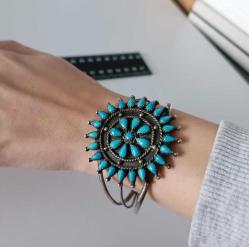 Antika Sterling 925 Gümüş Mavi Cam Taşlı Cuff Bilezik