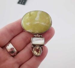 Vintage 925 Gümüş Sedef Sitrin Serpentin Taşlı Kolye Ucu  ADAM FİERRO  Navajo Amerika