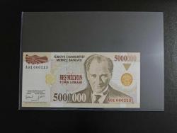 7. EMİSYON ÇOK NADİR A01 SERİSİ 5.000.000 ( BEŞ MİLYON ) LİRA İLK BİN SERİ NUMARALI ÇİL ALTI ++ KONDİSYONDA ( SERİ NO: A01 000213 )