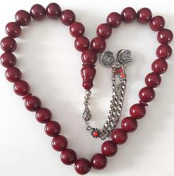 OSMANLI DÖNEMİ OBJEDEN YAPILMA KIRMIZI MUHTEŞEM SIKMA KEHRİBAR TESPİH GÜMÜŞ PÜSKÜLLÜ 2CCC1RR ÇOK NADİR