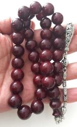 OSMANLI DÖNEMİ OBJEDEN YAPILMA KOYU KIRMIZI MUHTEŞEM SIKMA KEHRİBAR TESPİH GÜMÜŞ PÜSKÜLLÜ 3OOO1A1 ÇOK NADİR